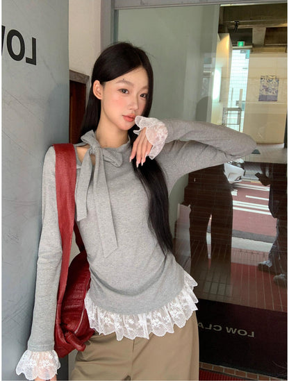 Korean Lace Tie Long Sleeve Top