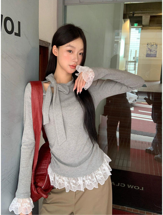 Korean Lace Tie Long Sleeve Top
