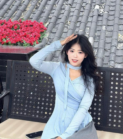 French Asymmetrical V-Neck Tie Top
