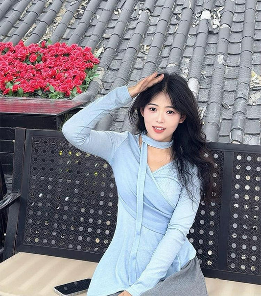 French Asymmetrical V-Neck Tie Top