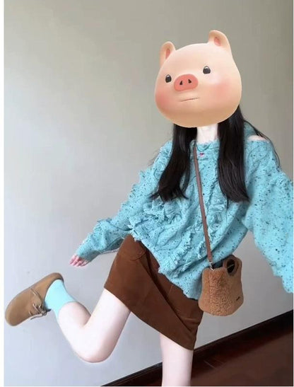 Off-Shoulder Fringe Knit - Loose Autumn Top