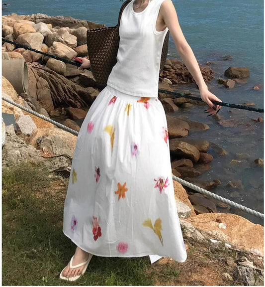 French Floral Pleated Midi Skirt