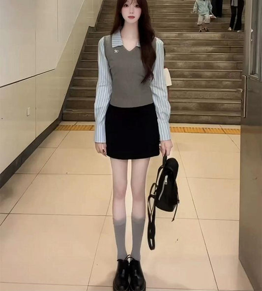 Fake Layer Knit Striped Shirt