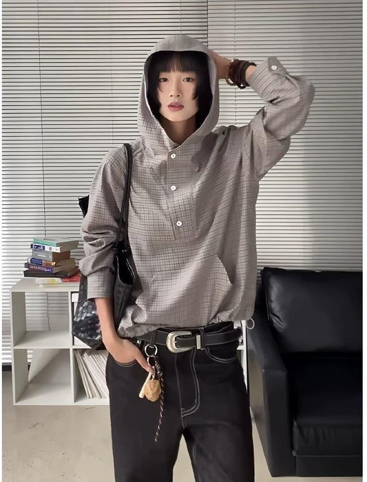 Vintage Henley Hooded Check Shirt