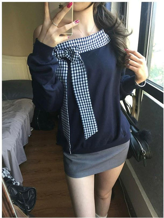 Bow Check Strap Asymmetrical Sweatshirt