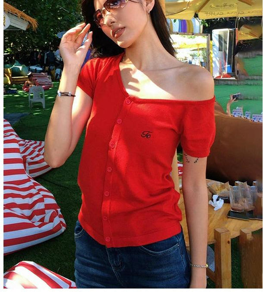 American Red Asymmetric Knit Cardigan Tee