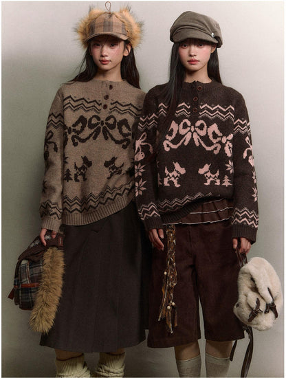 Korean Fair Isle Bow Henley Sweater