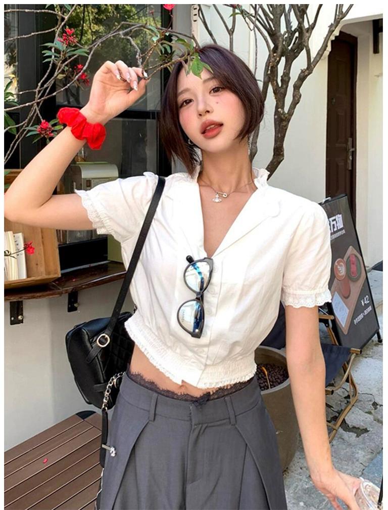 French White Puff Sleeve Crop Shirt