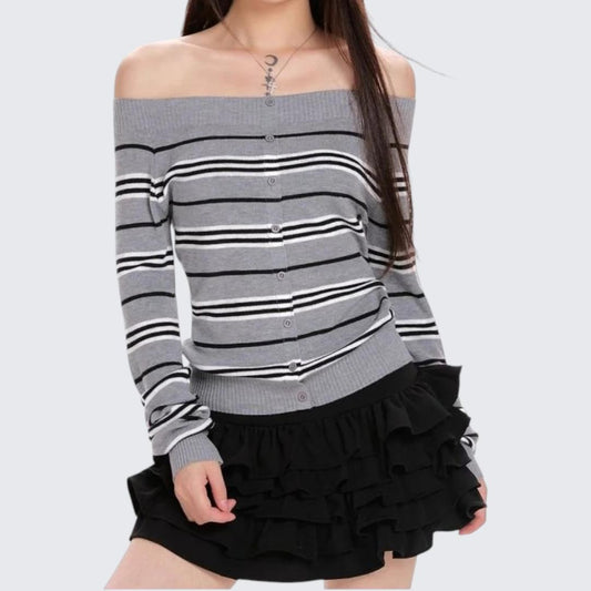 Navy Blue Striped One-Neck Knitted Sweater - Spring & Autumn
