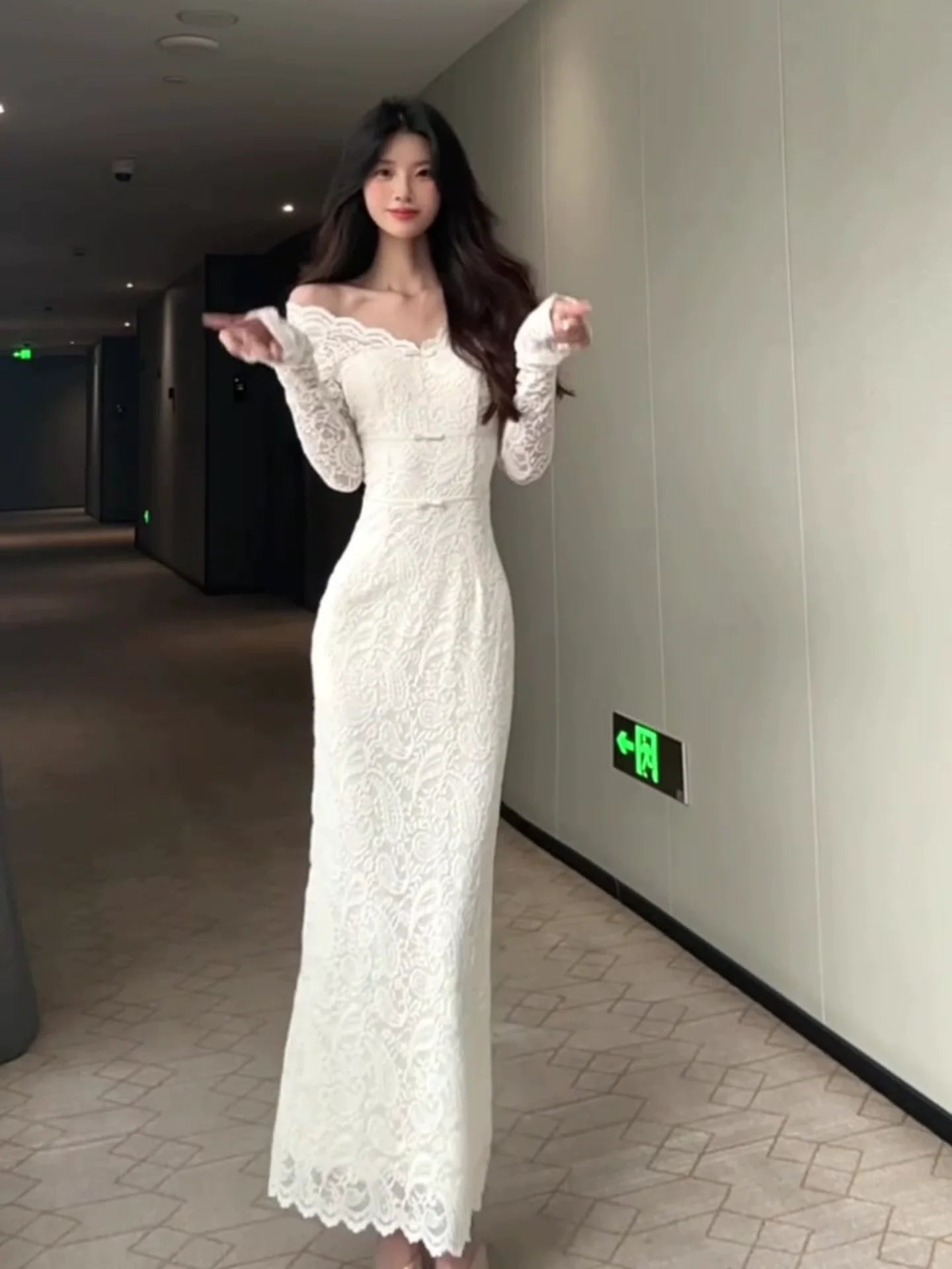 Off - Shoulder White Bow Lace Long - Sleeve Waist - Cinched Maxi Dress - tutufox - 