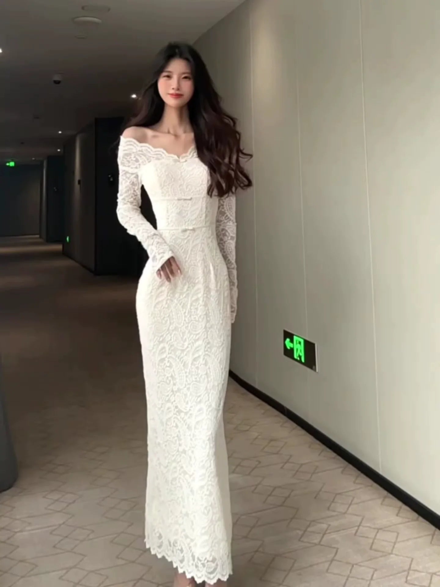 Off - Shoulder White Bow Lace Long - Sleeve Waist - Cinched Maxi Dress - tutufox - 