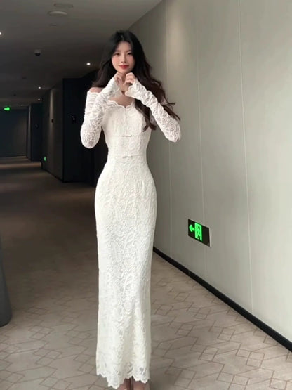 Off - Shoulder White Bow Lace Long - Sleeve Waist - Cinched Maxi Dress - tutufox - 