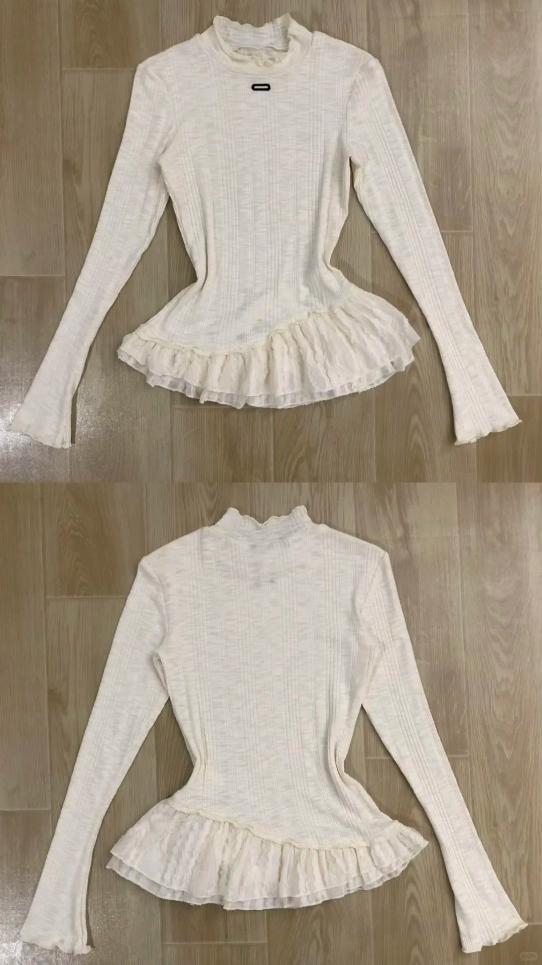 Off White Long Sleeve Knitted Top and Lace Trim Flared Pants Y2K Two Piece Sets - tutufox - 