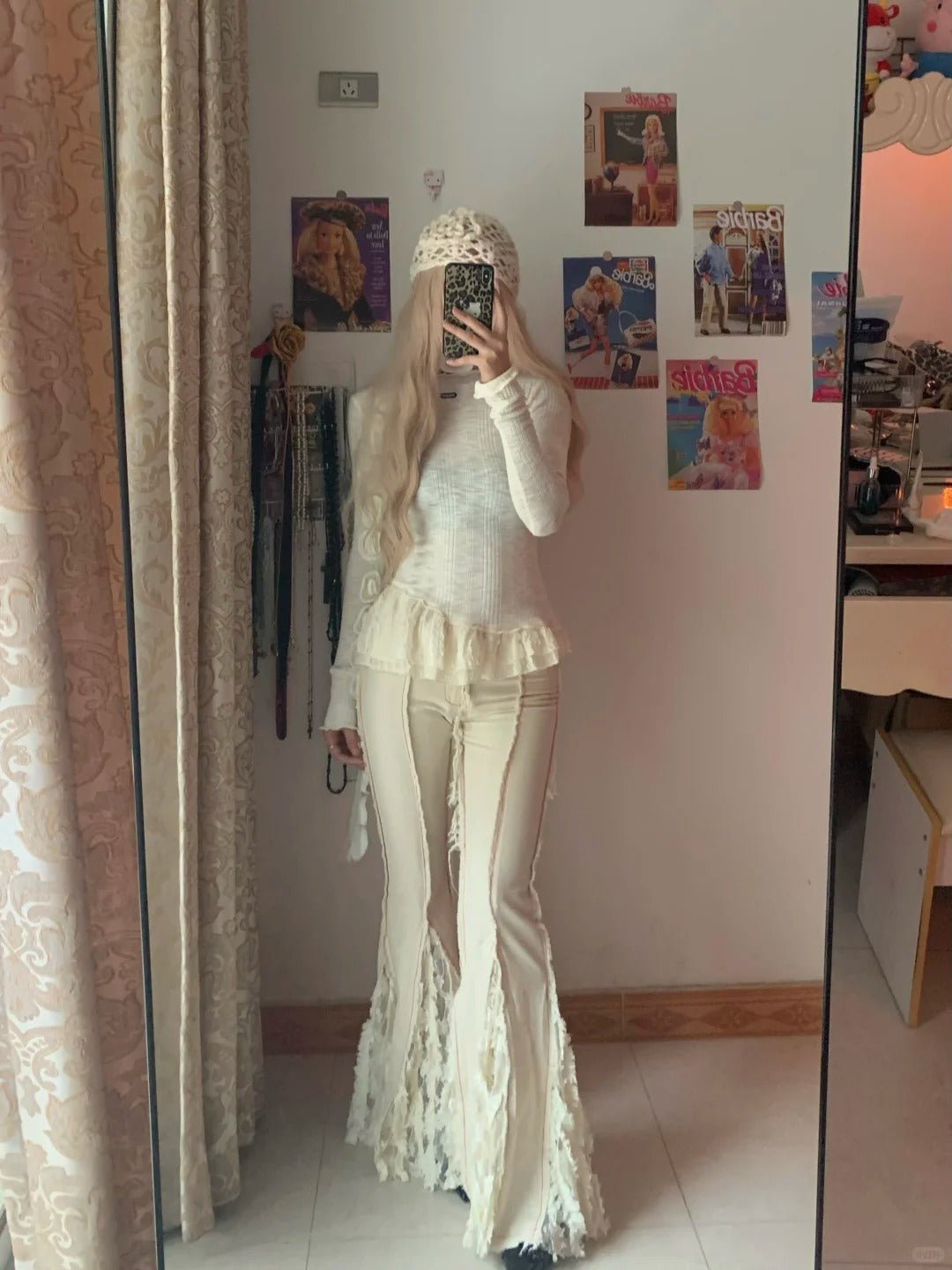 Off White Long Sleeve Knitted Top and Lace Trim Flared Pants Y2K Two Piece Sets - tutufox - 