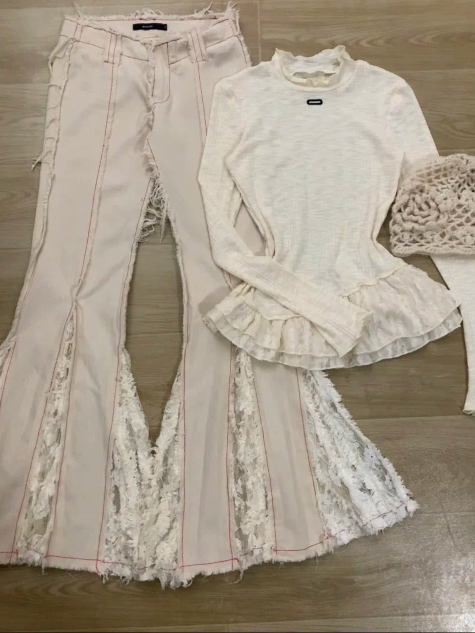 Off White Long Sleeve Knitted Top and Lace Trim Flared Pants Y2K Two Piece Sets - tutufox - 