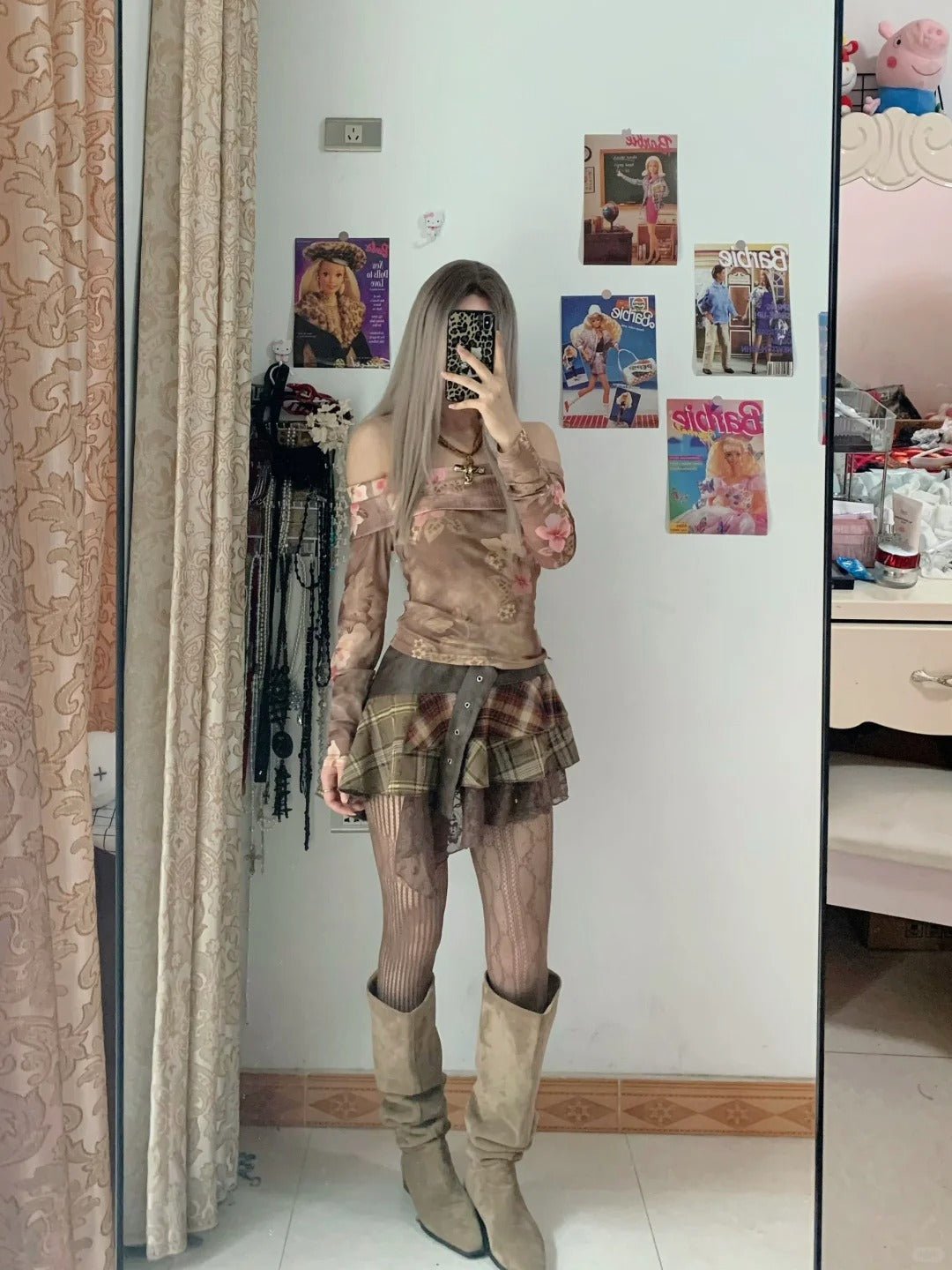 Pink Floral Off Shoulder Long Sleeve Top and Plaid Mini Skirt Set Y2K Two Pieces Sets - tutufox - 