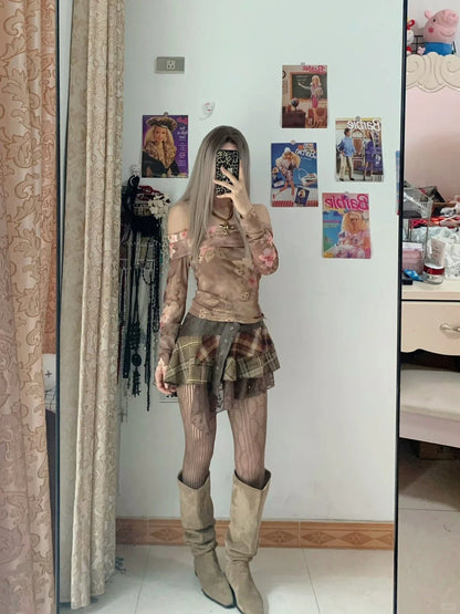 Pink Floral Off Shoulder Long Sleeve Top and Plaid Mini Skirt Set Y2K Two Pieces Sets - tutufox - 