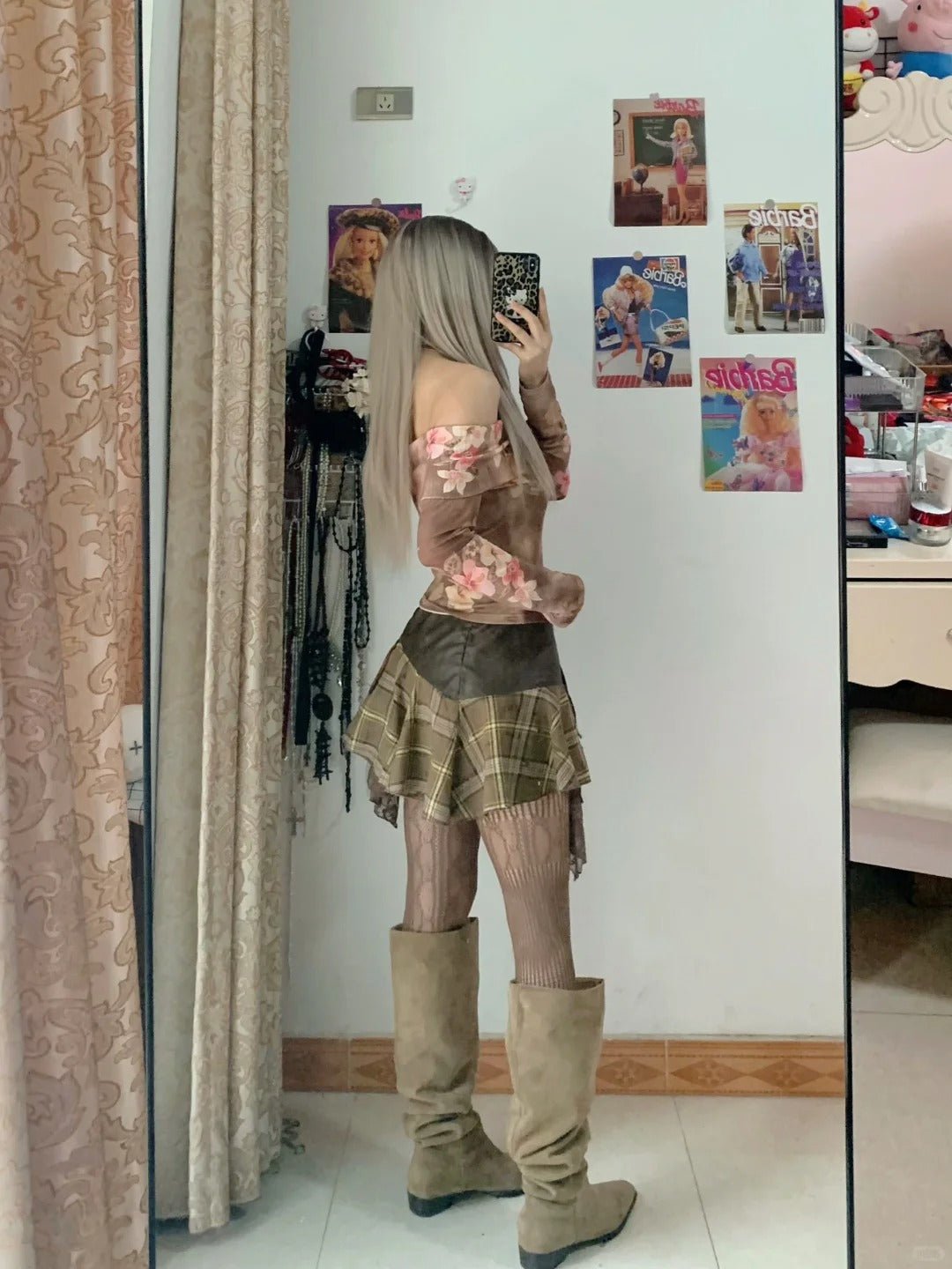 Pink Floral Off Shoulder Long Sleeve Top and Plaid Mini Skirt Set Y2K Two Pieces Sets - tutufox - 