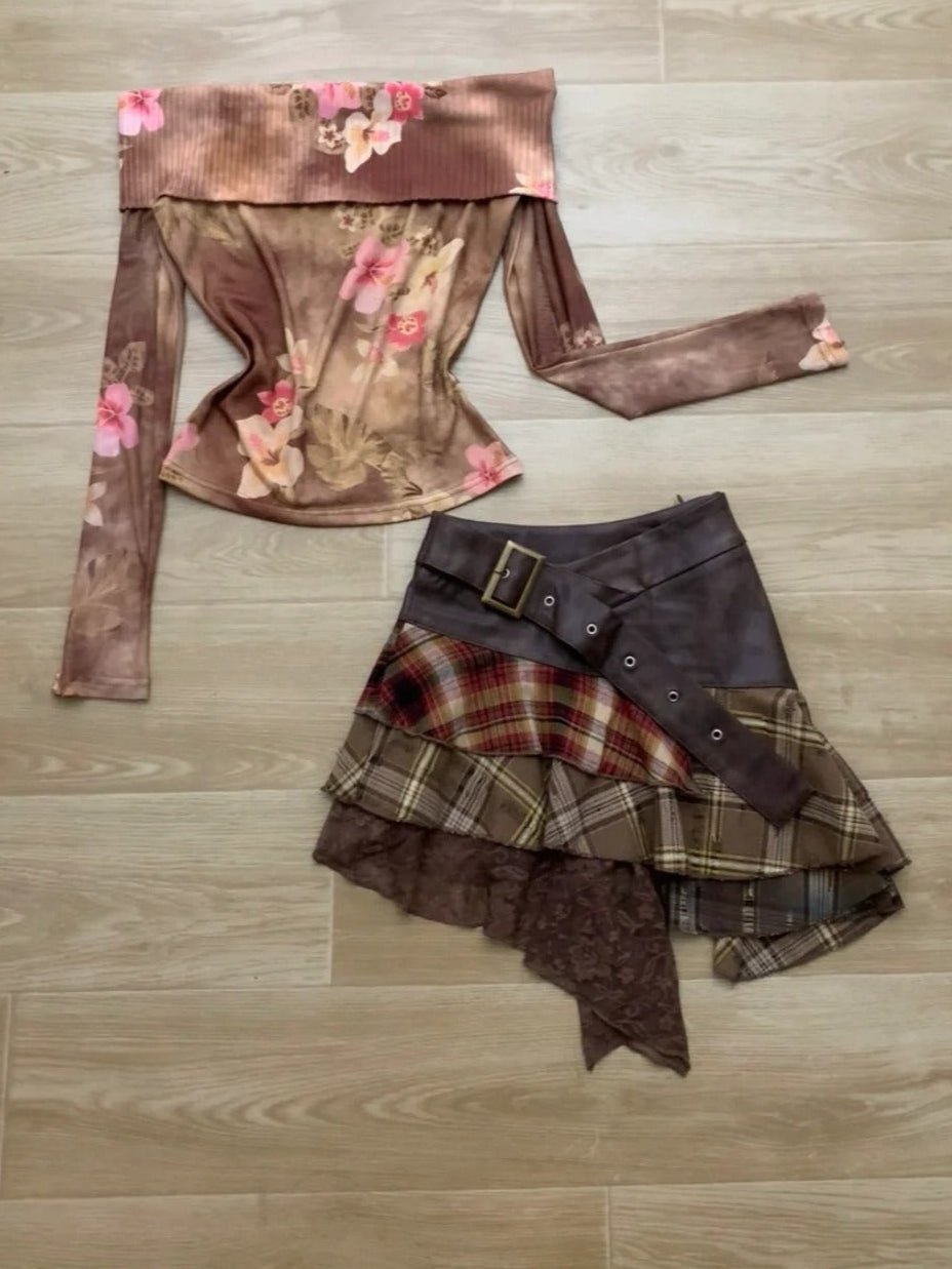 Pink Floral Off Shoulder Long Sleeve Top and Plaid Mini Skirt Set Y2K Two Pieces Sets - tutufox - 