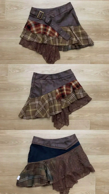 Pink Floral Off Shoulder Long Sleeve Top and Plaid Mini Skirt Set Y2K Two Pieces Sets - tutufox - 