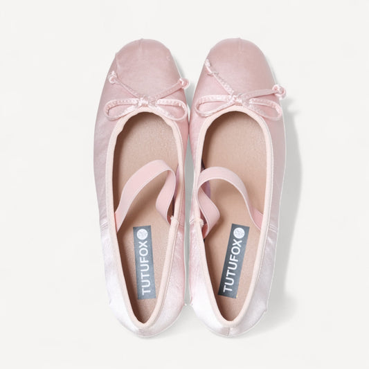 Pink Satin Ballet Bow Elastic Strap Flats - tutufox - shoes
