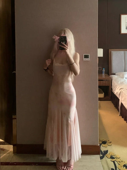 Pink Strappy Maxi Dress with Mesh Hem Y2K Dress - tutufox - 