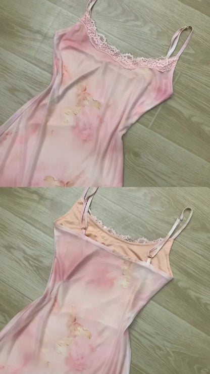 Pink Strappy Maxi Dress with Mesh Hem Y2K Dress - tutufox - 