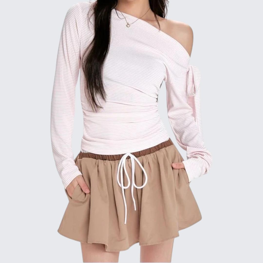 Pink Striped Oblique-Shoulder Long-Sleeve T-Shirt For Women - Spring & Autumn