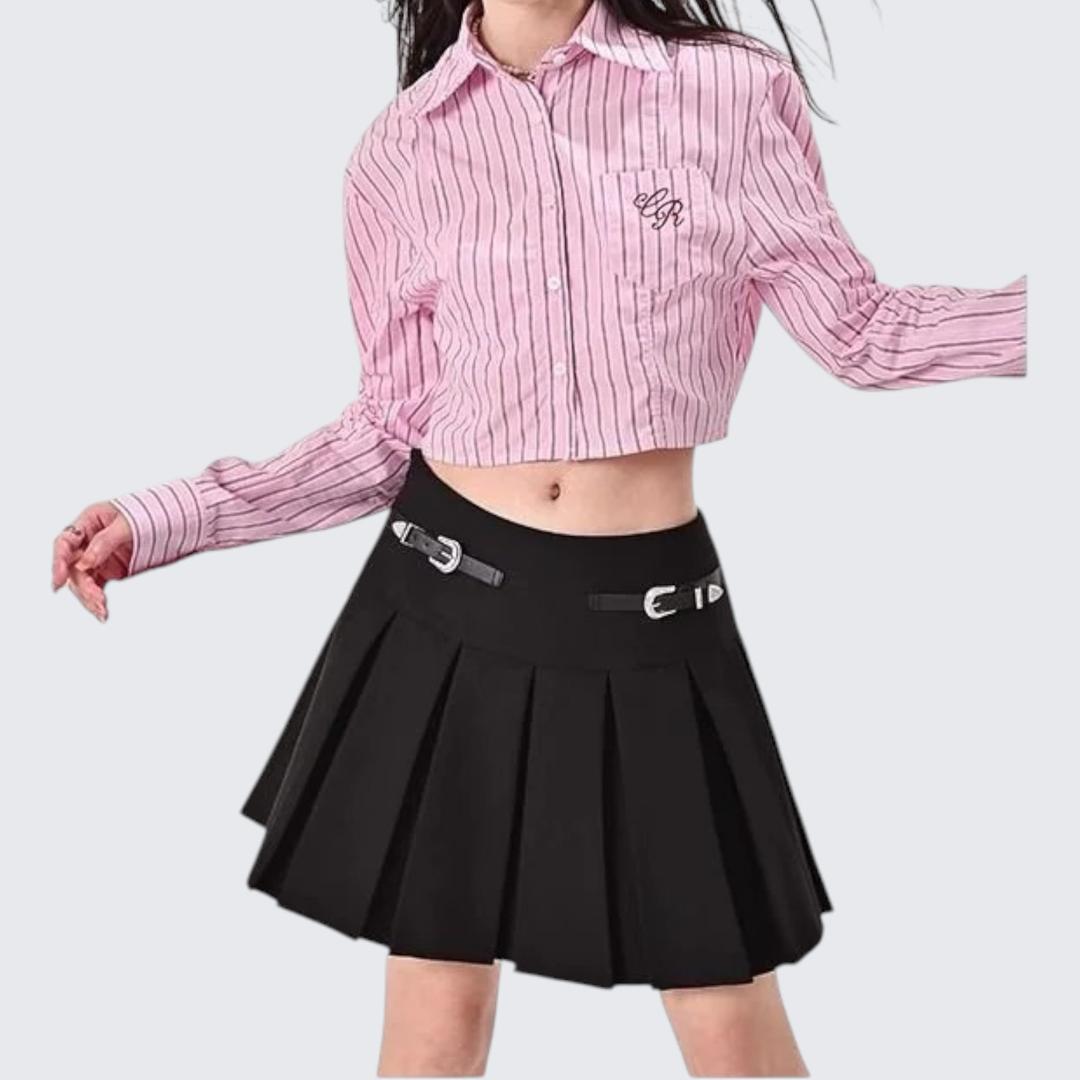 Pink Vertical-Striped Long-Sleeve Shirt For Women - Spring & Autumn