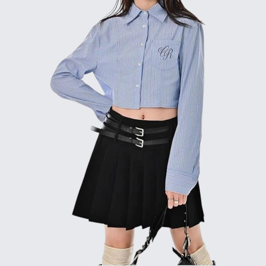 Pink Vertical-Striped Long-Sleeve Shirt For Women - Spring & Autumn