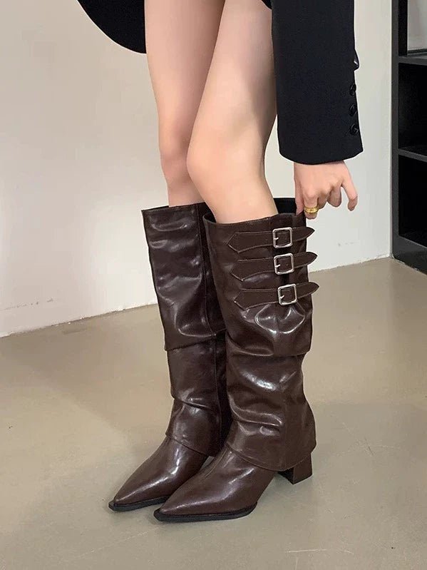 Pointed Toe Two Way High Heel Knee High Boots 2025 Fall Winter New Spicy Girl Vibe Slouchy Ruffled Chunky Heel Cowboy Boots - tutufox - shoes