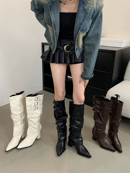 Pointed Toe Two Way High Heel Knee High Boots 2025 Fall Winter New Spicy Girl Vibe Slouchy Ruffled Chunky Heel Cowboy Boots - tutufox - shoes
