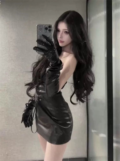 Pure Desire Sexy Black Tube Top Bodycon Leather - Look Dress Set - tutufox - 