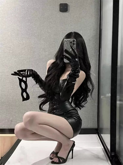 Pure Desire Sexy Black Tube Top Bodycon Leather - Look Dress Set - tutufox - 