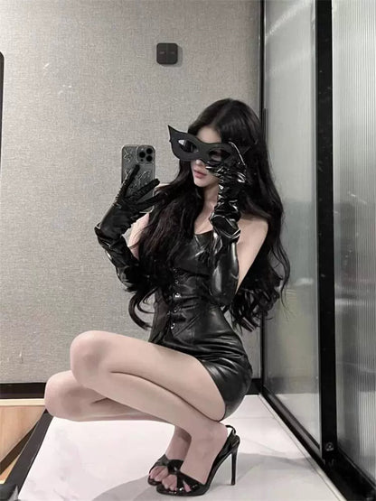 Pure Desire Sexy Black Tube Top Bodycon Leather - Look Dress Set - tutufox - 