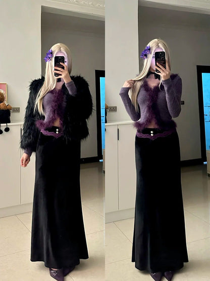 Purple Fur Trim Top with Black Skirt and Fur Coat Y2K Outfit - tutufox - 