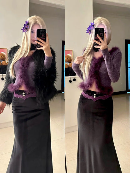 Purple Fur Trim Top with Black Skirt and Fur Coat Y2K Outfit - tutufox - 