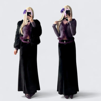 Purple Fur Trim Top with Black Skirt and Fur Coat Y2K Outfit - tutufox - 