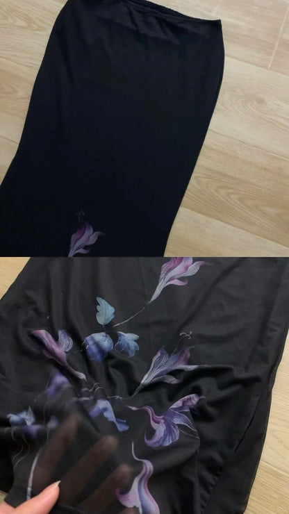 Purple Knit Long Sleeve Top and Black Maxi Skirt with Purple Floral Print Y2K Two Pieces Sets - tutufox - 