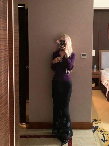 Purple Knit Long Sleeve Top and Black Maxi Skirt with Purple Floral Print Y2K Two Pieces Sets - tutufox - 