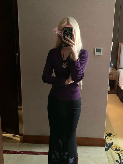 Purple Knit Long Sleeve Top and Black Maxi Skirt with Purple Floral Print Y2K Two Pieces Sets - tutufox - 
