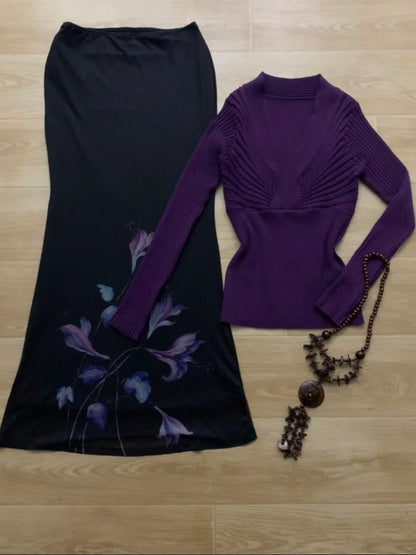 Purple Knit Long Sleeve Top and Black Maxi Skirt with Purple Floral Print Y2K Two Pieces Sets - tutufox - 