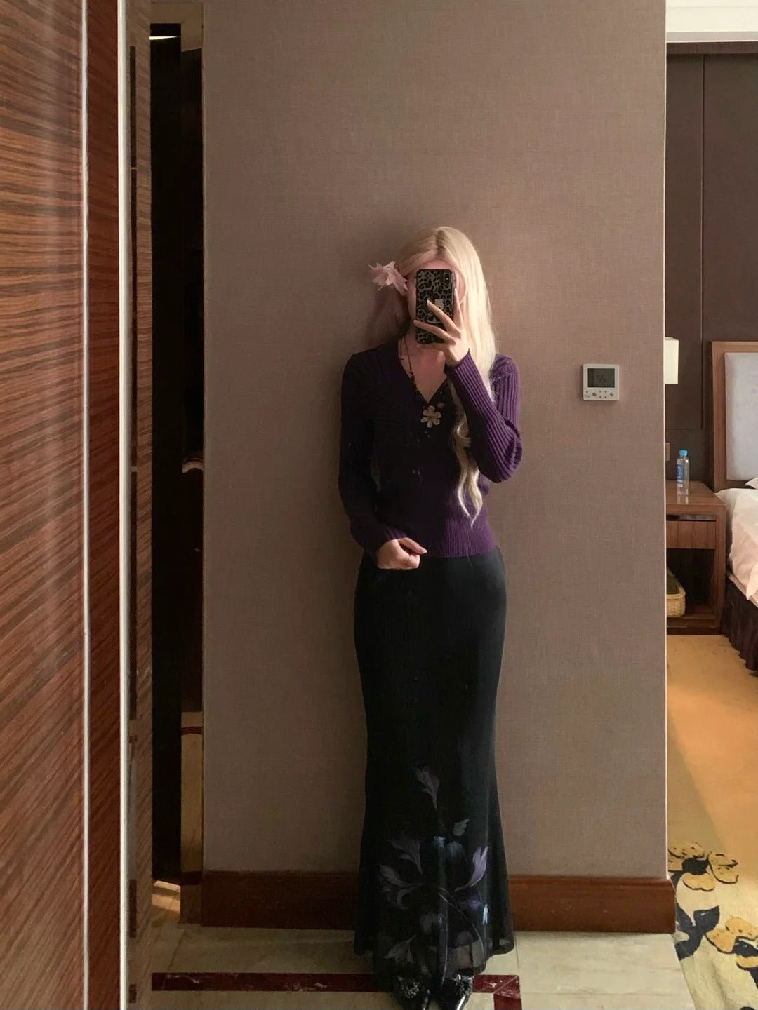 Purple Knit Long Sleeve Top and Black Maxi Skirt with Purple Floral Print Y2K Two Pieces Sets - tutufox - 