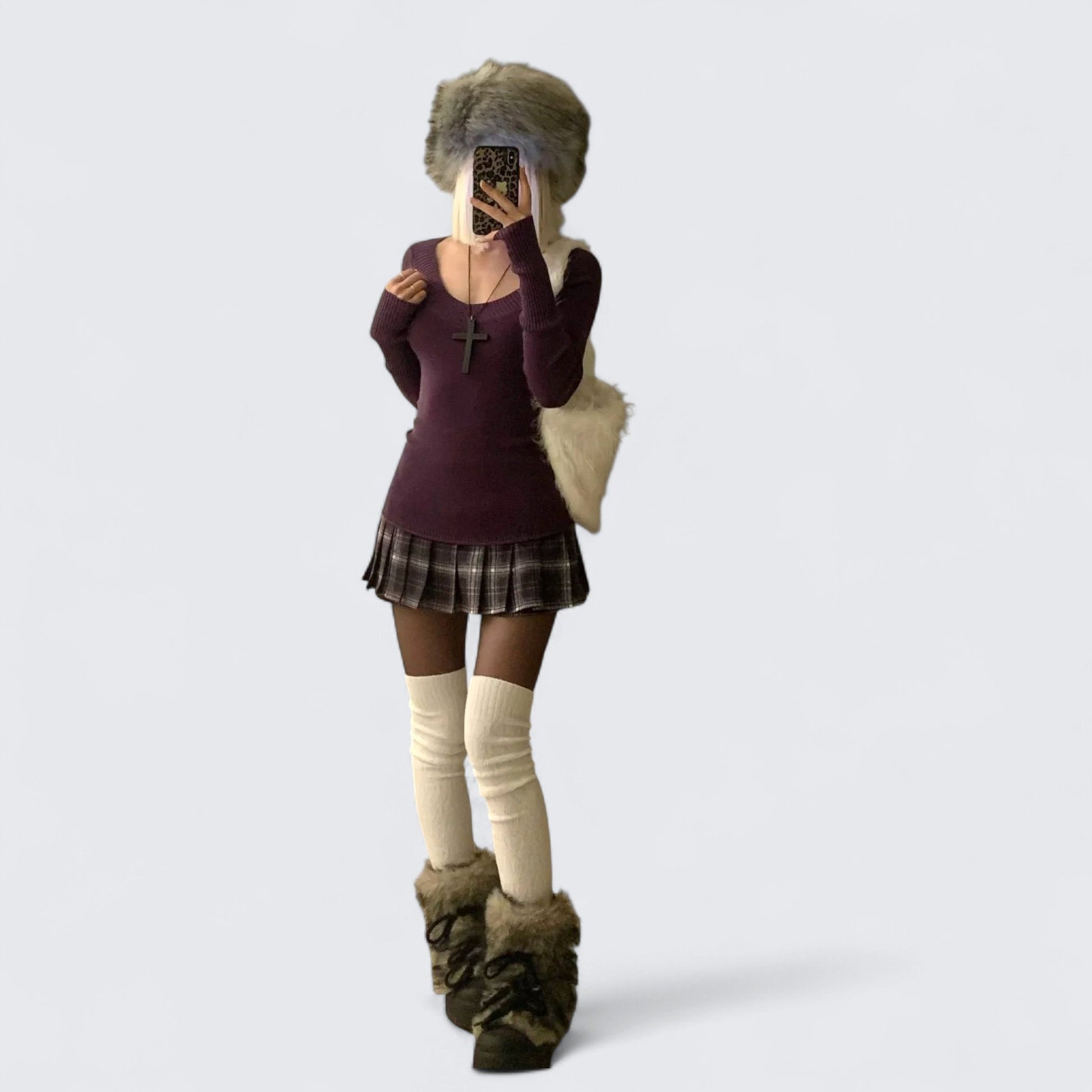 Purple Knit Top with Brown Plaid Skirt Y2K Two - Piece Set - tutufox - 