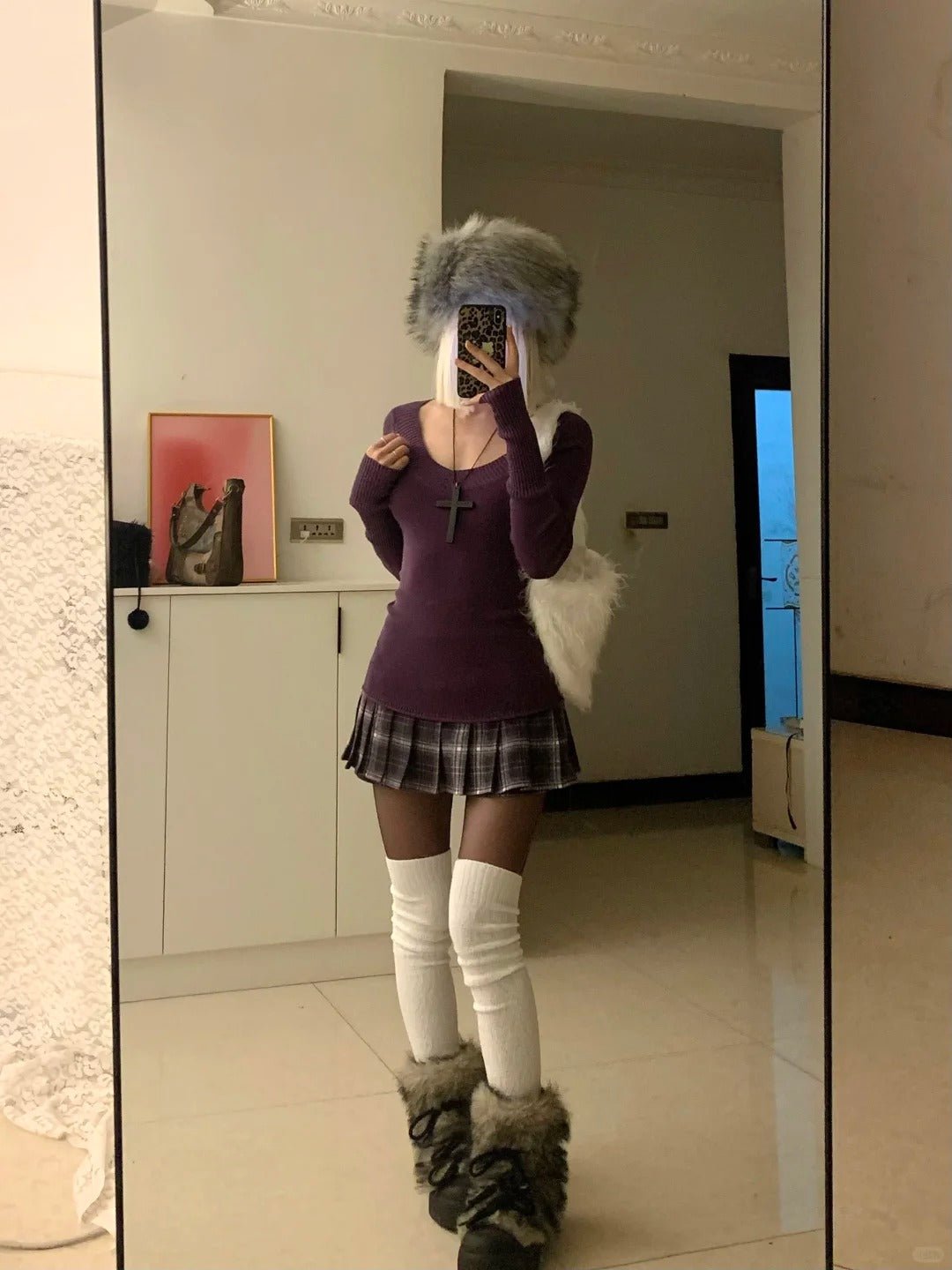 Purple Knit Top with Brown Plaid Skirt Y2K Two - Piece Set - tutufox - 