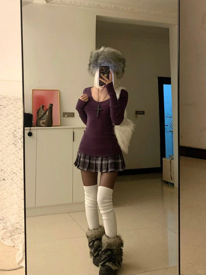 Purple Knit Top with Brown Plaid Skirt Y2K Two - Piece Set - tutufox - 