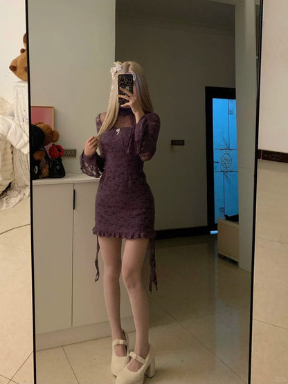 Purple Lace Mesh Long Sleeve Dress Y2K Outfit - tutufox - 