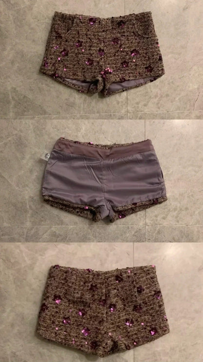Purple Loose Sweater and Sequin Brown Shorts Y2K Two Piece Sets - tutufox - 