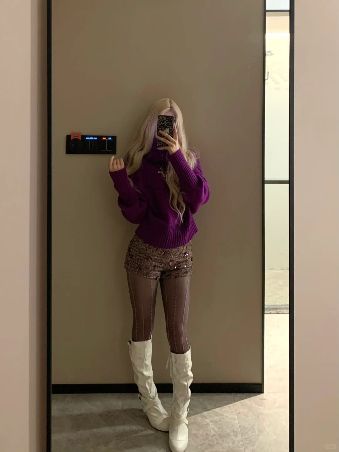 Purple Loose Sweater and Sequin Brown Shorts Y2K Two Piece Sets - tutufox - 