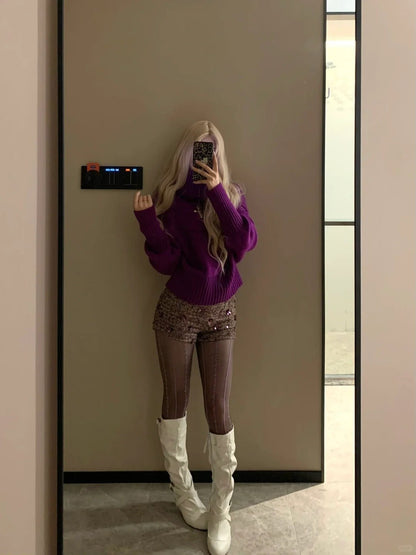 Purple Loose Sweater and Sequin Brown Shorts Y2K Two Piece Sets - tutufox - 